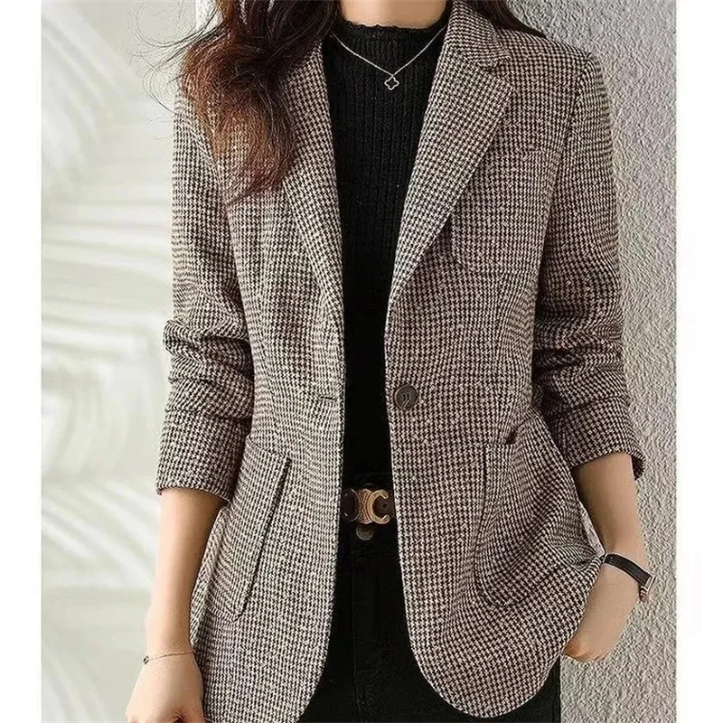 2023 Women's Fashion Korean Edition Suit Sequin Thousand Bird Checker Suit Autumn Winter Casual Foreign Style Coat Goddess Style