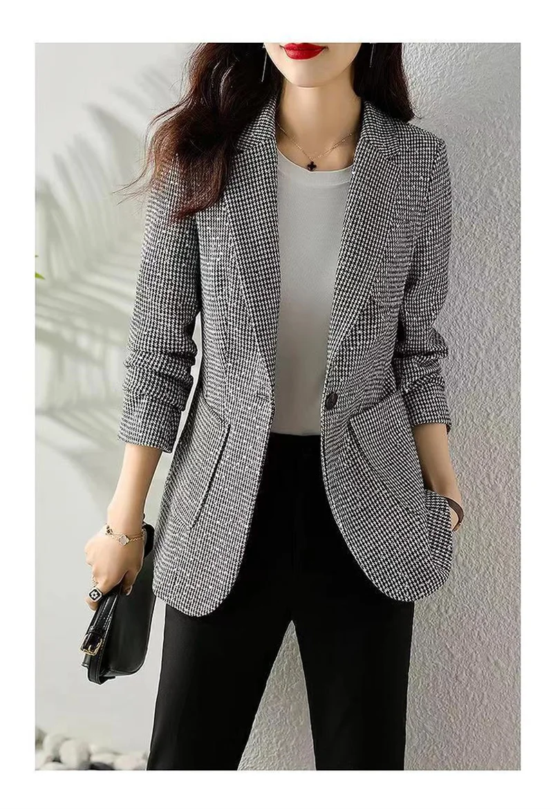 2023 Women's Fashion Korean Edition Suit Sequin Thousand Bird Checker Suit Autumn Winter Casual Foreign Style Coat Goddess Style