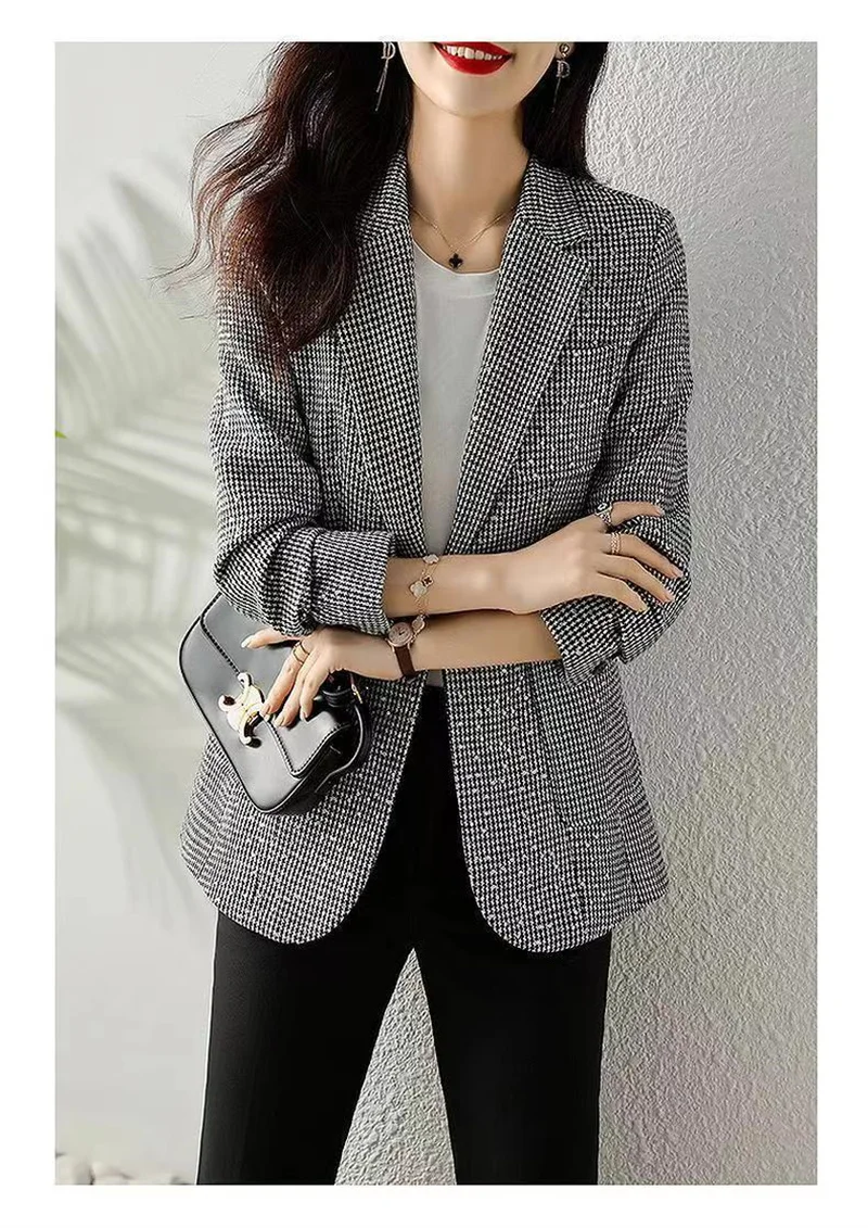 2023 Women's Fashion Korean Edition Suit Sequin Thousand Bird Checker Suit Autumn Winter Casual Foreign Style Coat Goddess Style