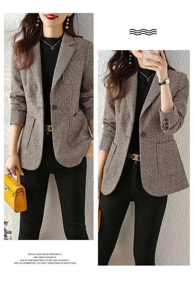 2023 Women's Fashion Korean Edition Suit Sequin Thousand Bird Checker Suit Autumn Winter Casual Foreign Style Coat Goddess Style