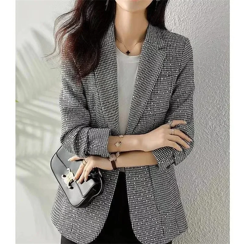 2023 Women's Fashion Korean Edition Suit Sequin Thousand Bird Checker Suit Autumn Winter Casual Foreign Style Coat Goddess Style