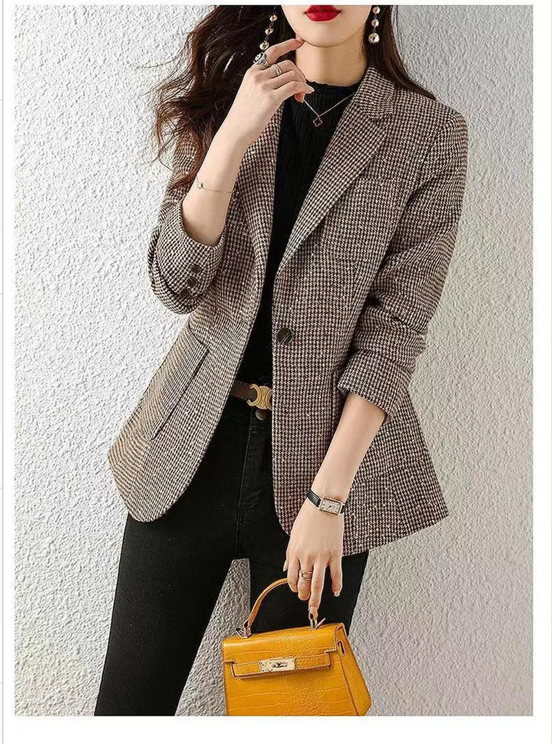 2023 Women's Fashion Korean Edition Suit Sequin Thousand Bird Checker Suit Autumn Winter Casual Foreign Style Coat Goddess Style