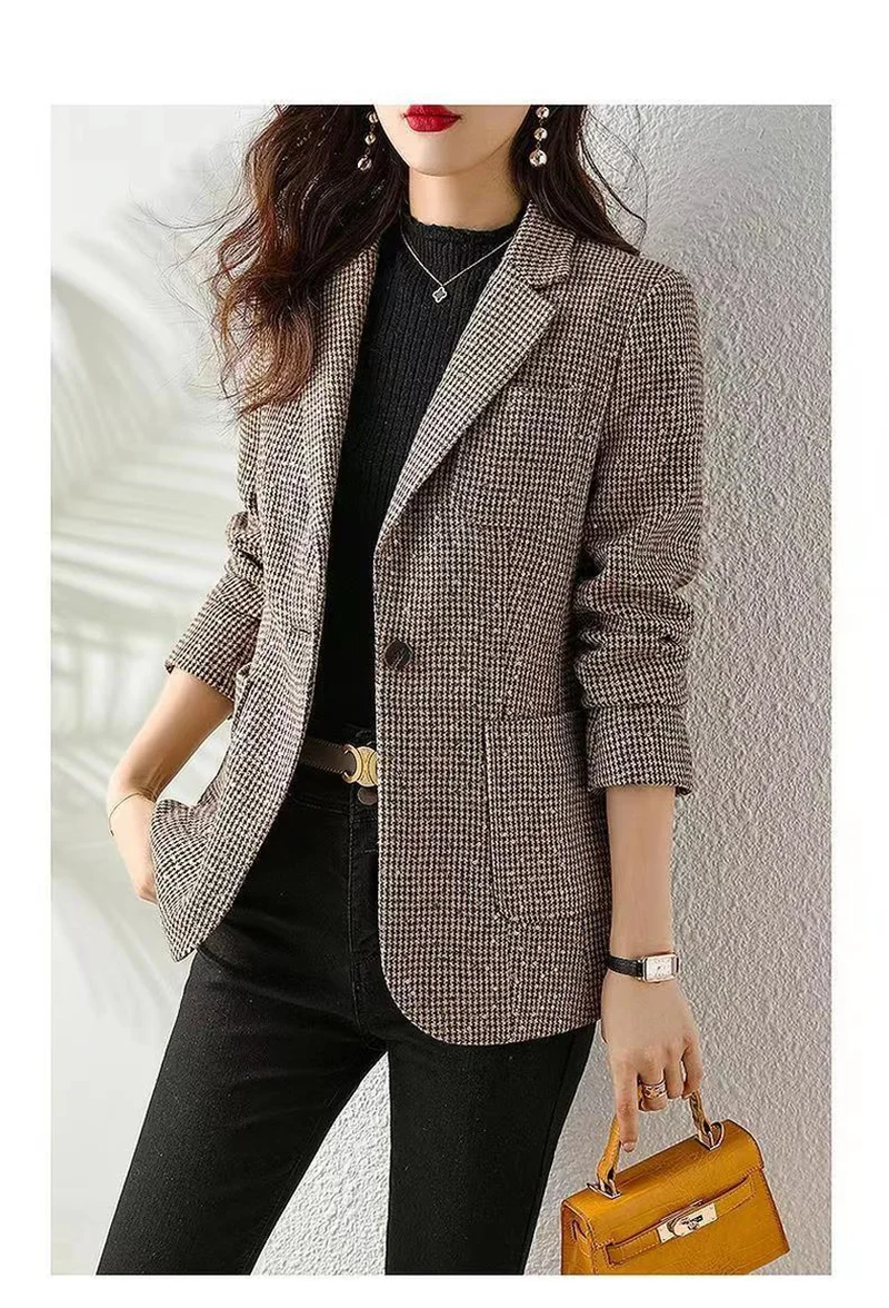 2023 Women's Fashion Korean Edition Suit Sequin Thousand Bird Checker Suit Autumn Winter Casual Foreign Style Coat Goddess Style