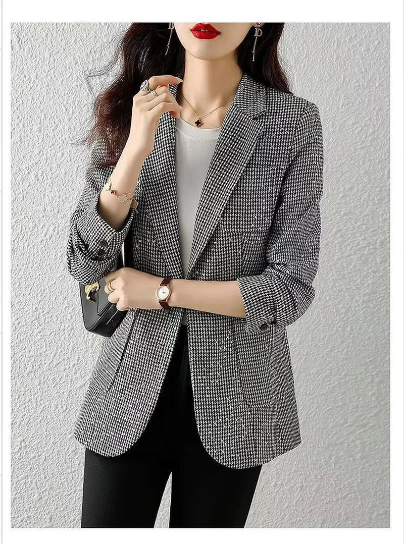 2023 Women's Fashion Korean Edition Suit Sequin Thousand Bird Checker Suit Autumn Winter Casual Foreign Style Coat Goddess Style