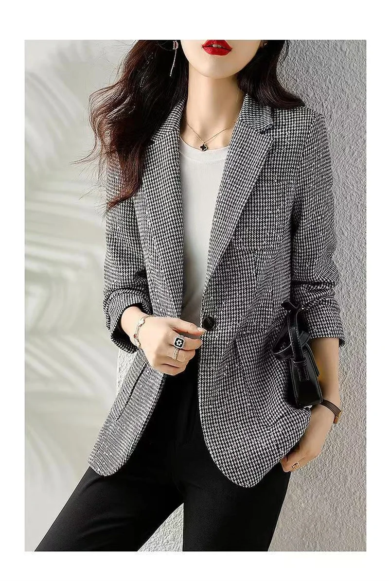 2023 Women's Fashion Korean Edition Suit Sequin Thousand Bird Checker Suit Autumn Winter Casual Foreign Style Coat Goddess Style