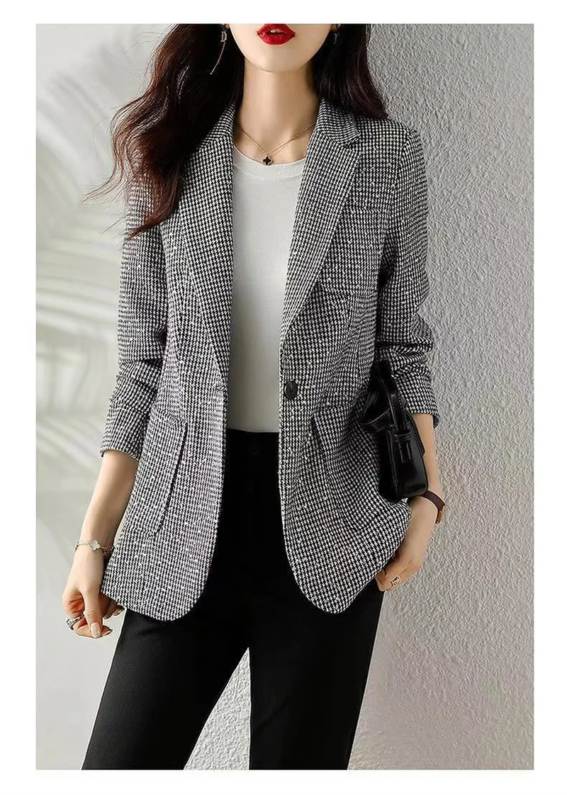 2023 Women's Fashion Korean Edition Suit Sequin Thousand Bird Checker Suit Autumn Winter Casual Foreign Style Coat Goddess Style