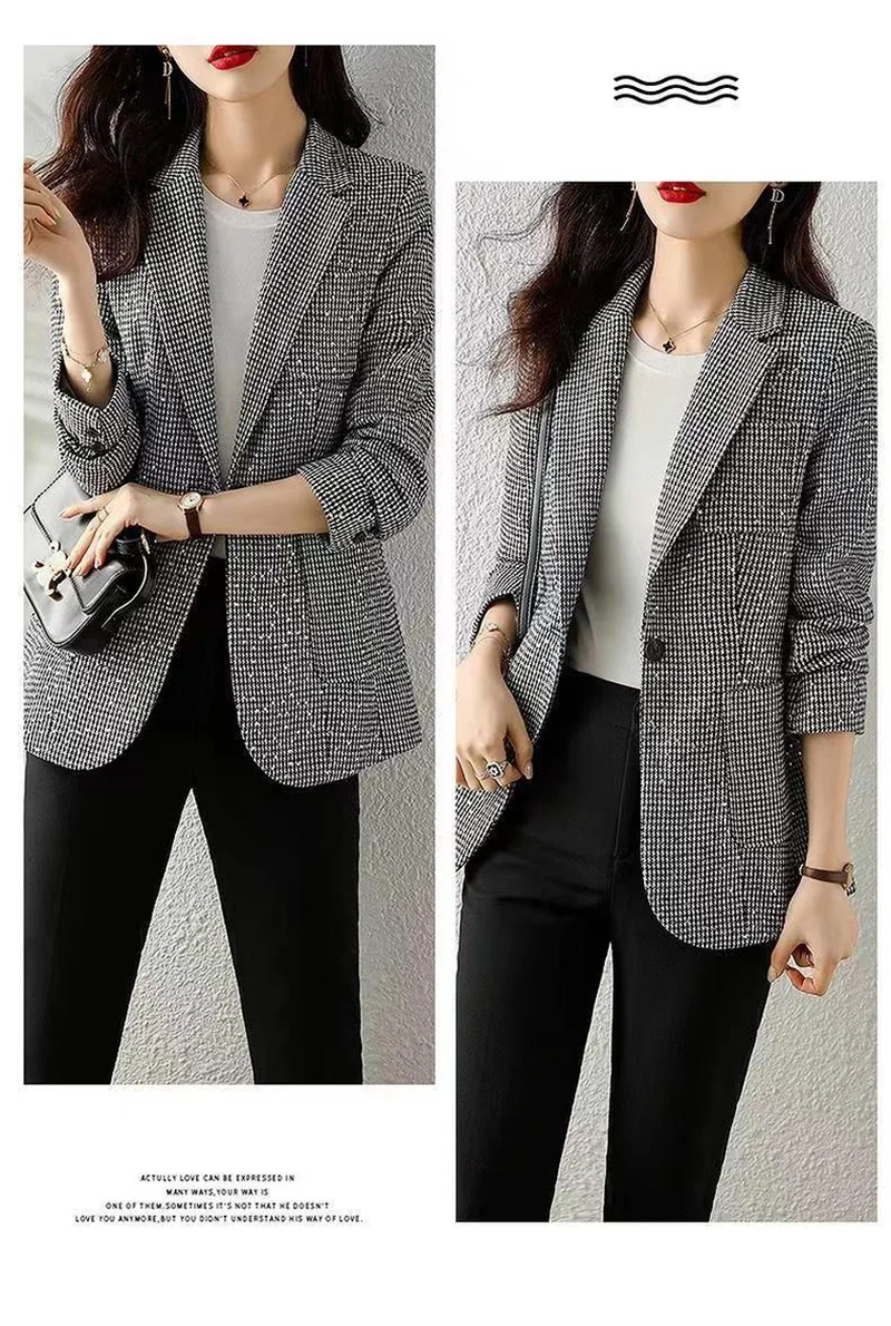 2023 Women's Fashion Korean Edition Suit Sequin Thousand Bird Checker Suit Autumn Winter Casual Foreign Style Coat Goddess Style