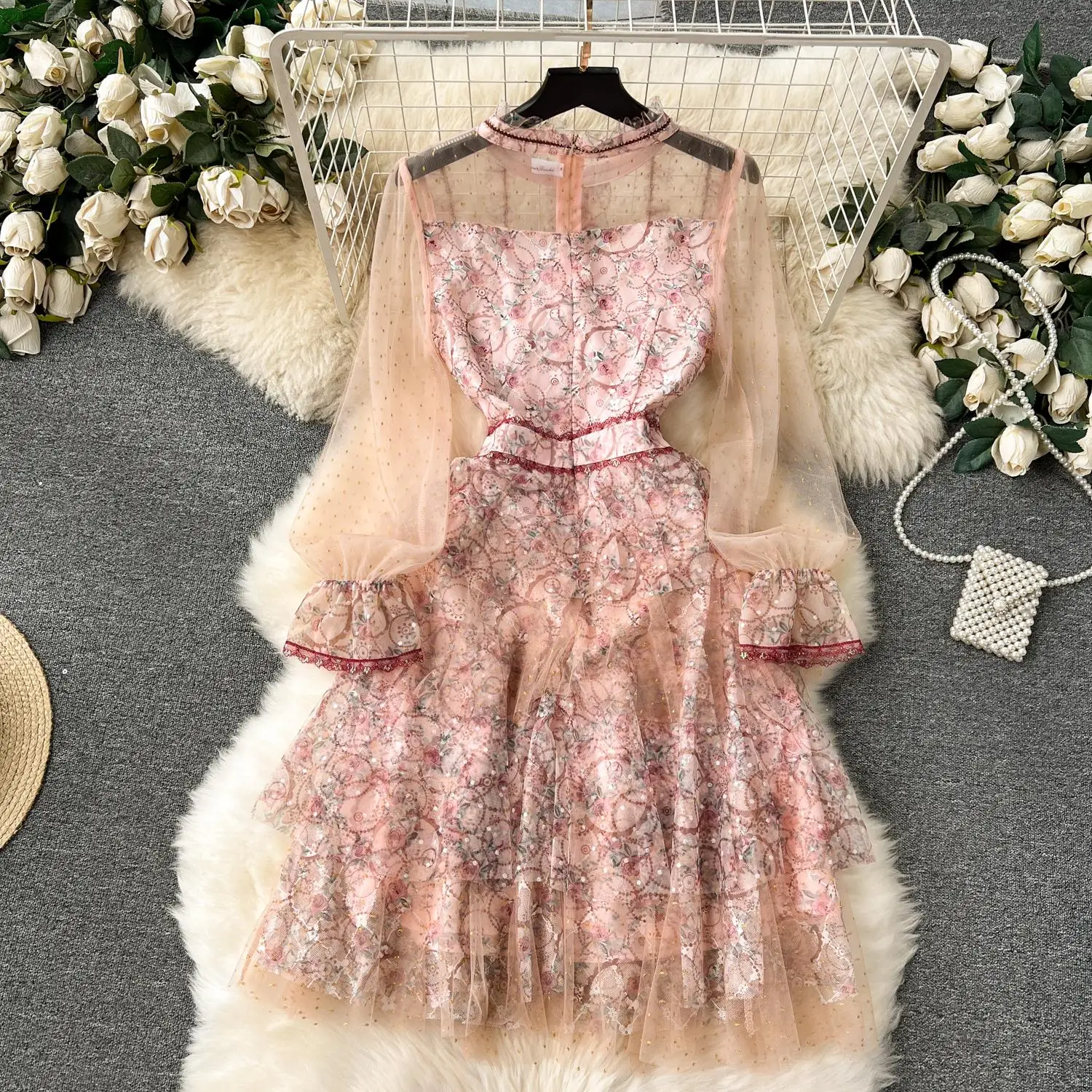 New Runway Summer A-Line Cake Dress Women's Flare Sleeve Floral Embroidery Elegant Sequins Mesh Hollow Out Mini Vestidos