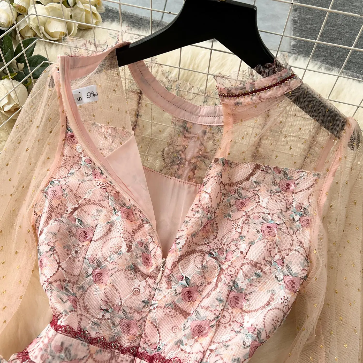 New Runway Summer A-Line Cake Dress Women's Flare Sleeve Floral Embroidery Elegant Sequins Mesh Hollow Out Mini Vestidos