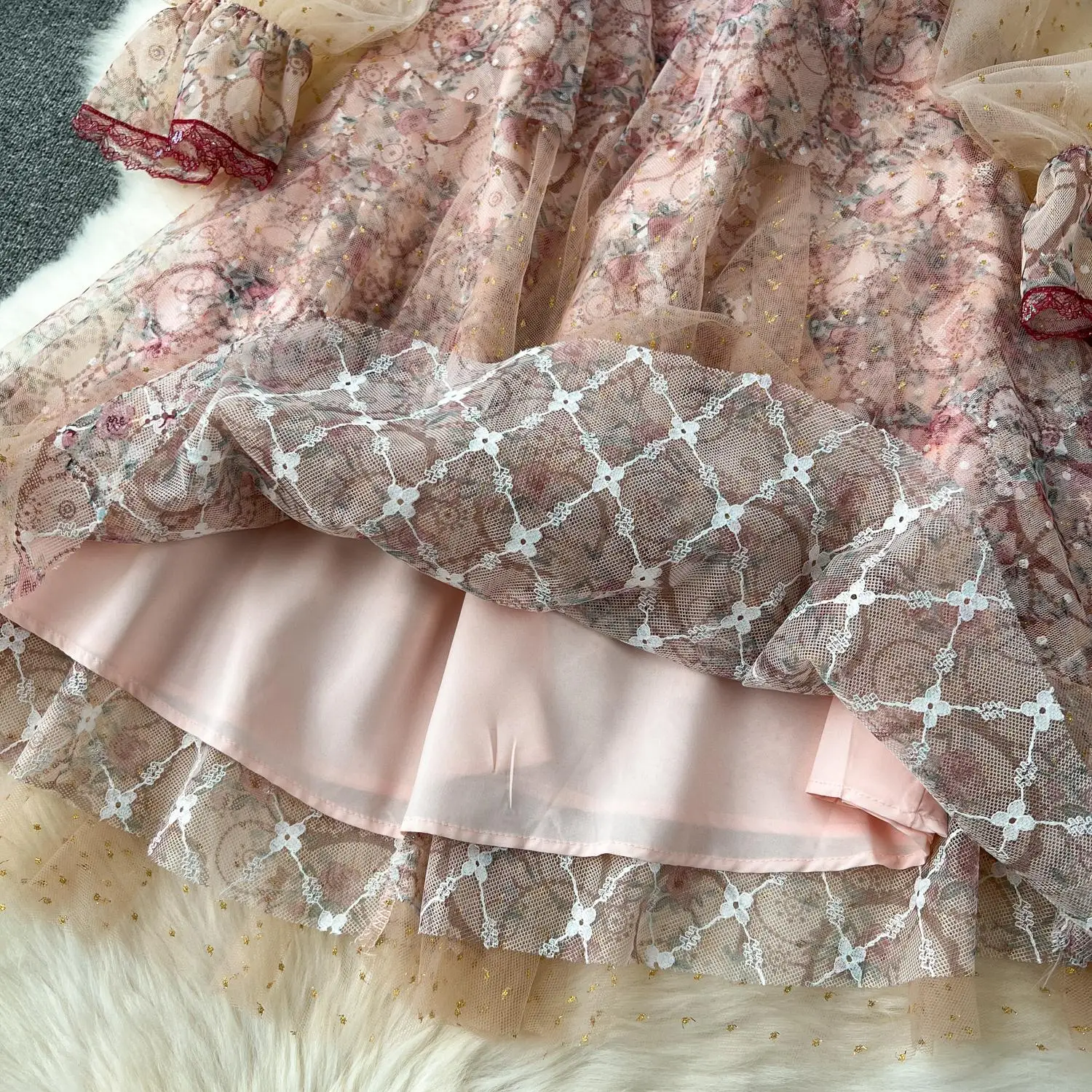 New Runway Summer A-Line Cake Dress Women's Flare Sleeve Floral Embroidery Elegant Sequins Mesh Hollow Out Mini Vestidos