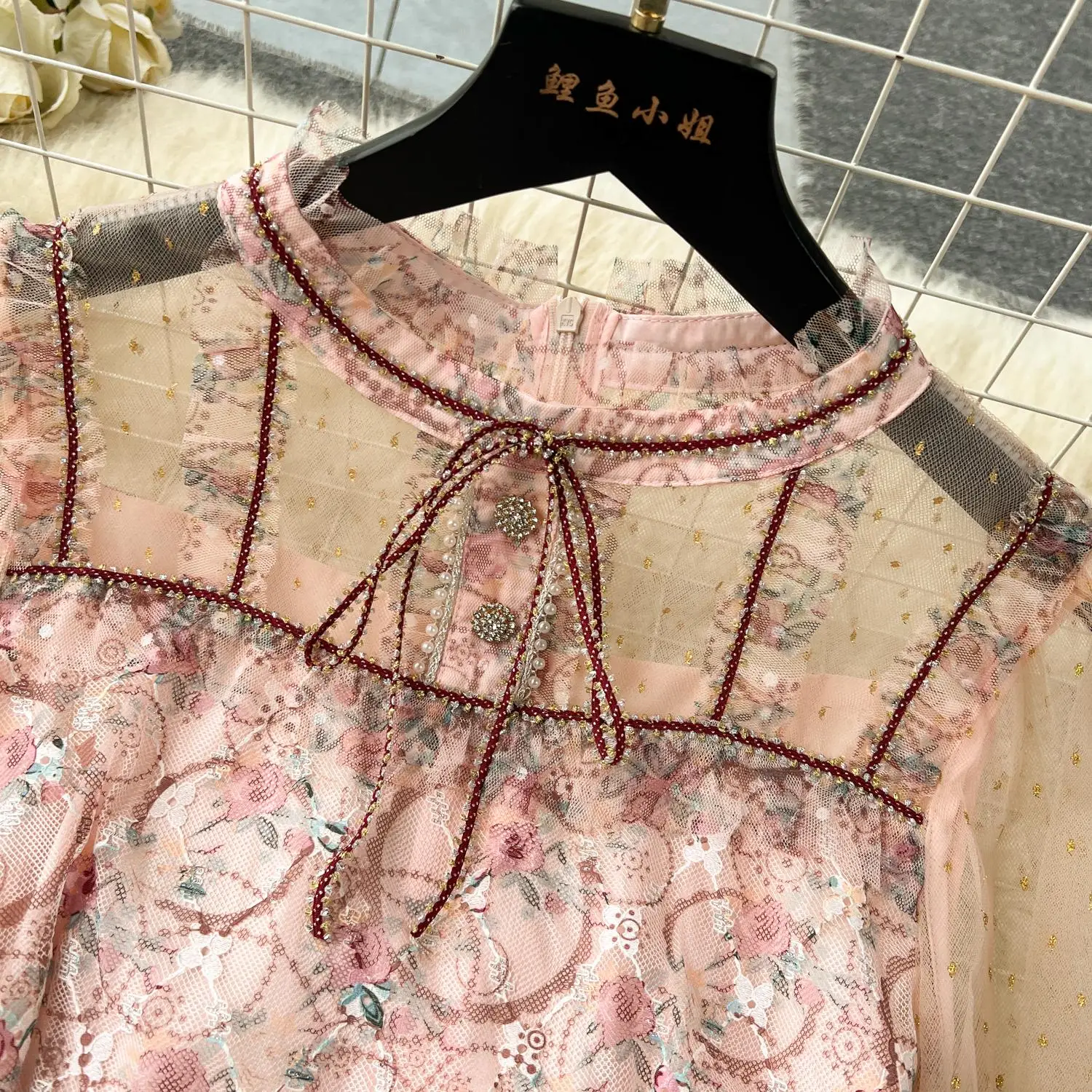 New Runway Summer A-Line Cake Dress Women's Flare Sleeve Floral Embroidery Elegant Sequins Mesh Hollow Out Mini Vestidos
