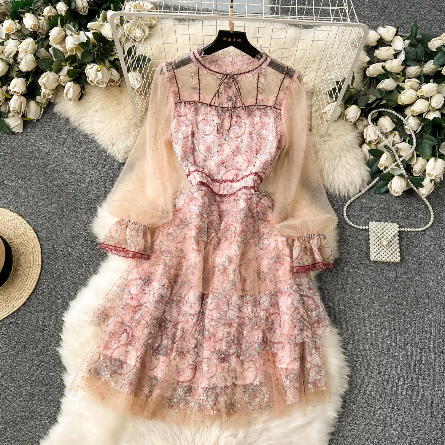 New Runway Summer A-Line Cake Dress Women's Flare Sleeve Floral Embroidery Elegant Sequins Mesh Hollow Out Mini Vestidos