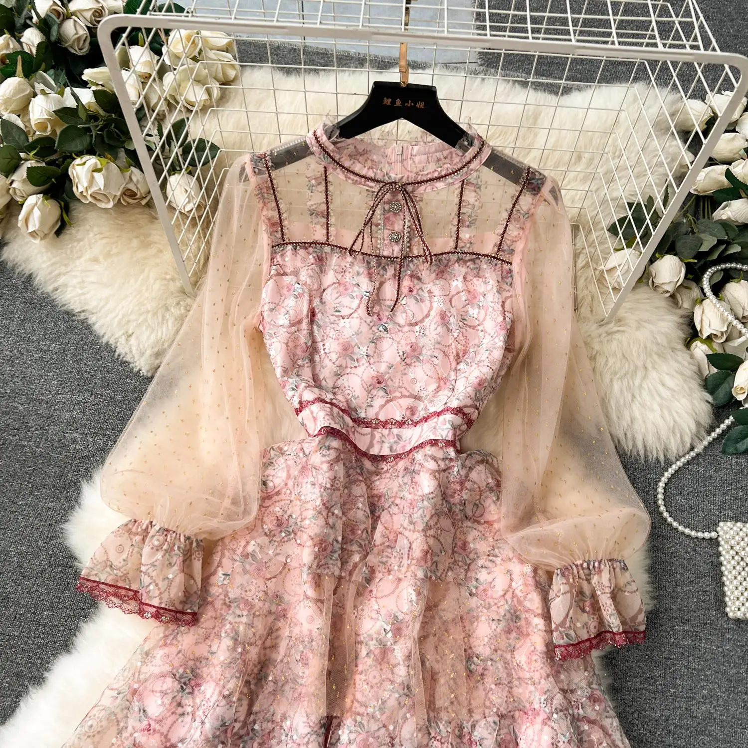 New Runway Summer A-Line Cake Dress Women's Flare Sleeve Floral Embroidery Elegant Sequins Mesh Hollow Out Mini Vestidos