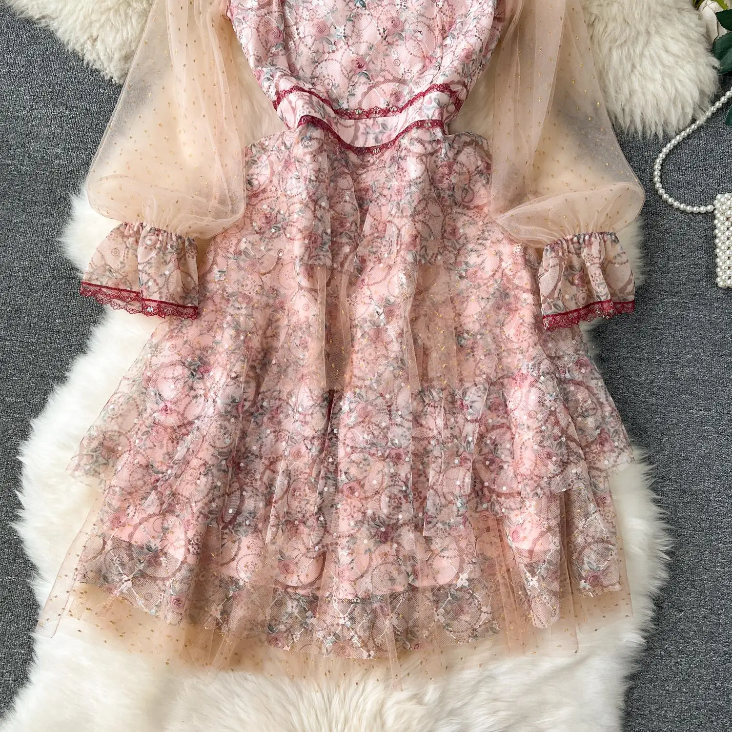 New Runway Summer A-Line Cake Dress Women's Flare Sleeve Floral Embroidery Elegant Sequins Mesh Hollow Out Mini Vestidos
