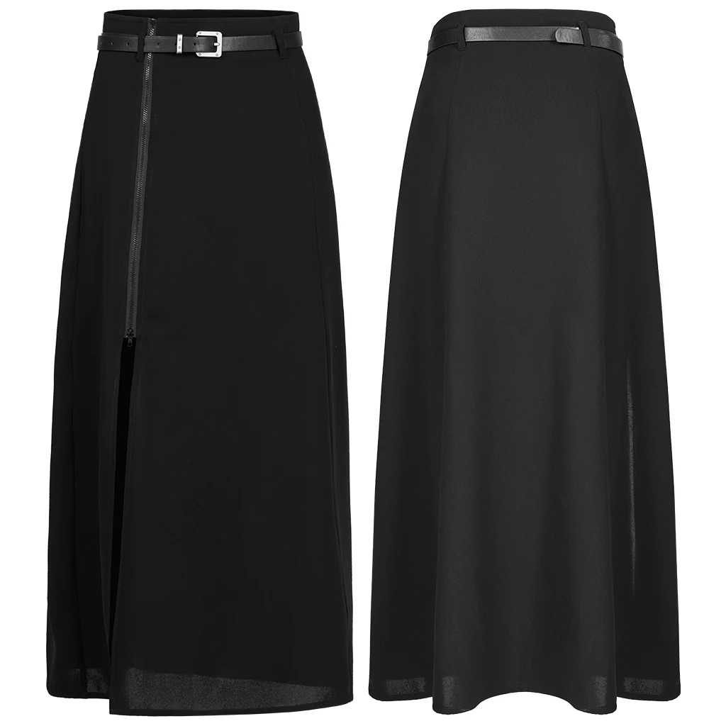 PUNK RAVE Women's Minimalist Thin Two-wear A Pendulum Chiffon Half Skirt Detachable Belt High Waist Long Skirts Women