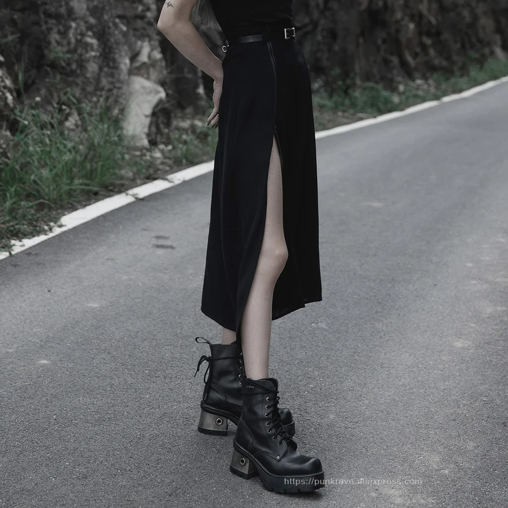 PUNK RAVE Women's Minimalist Thin Two-wear A Pendulum Chiffon Half Skirt Detachable Belt High Waist Long Skirts Women