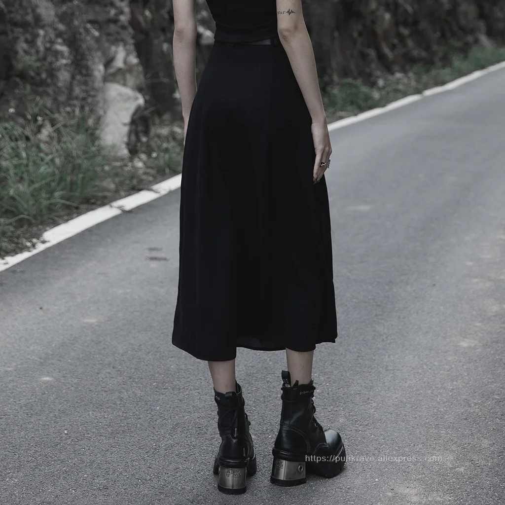 PUNK RAVE Women's Minimalist Thin Two-wear A Pendulum Chiffon Half Skirt Detachable Belt High Waist Long Skirts Women