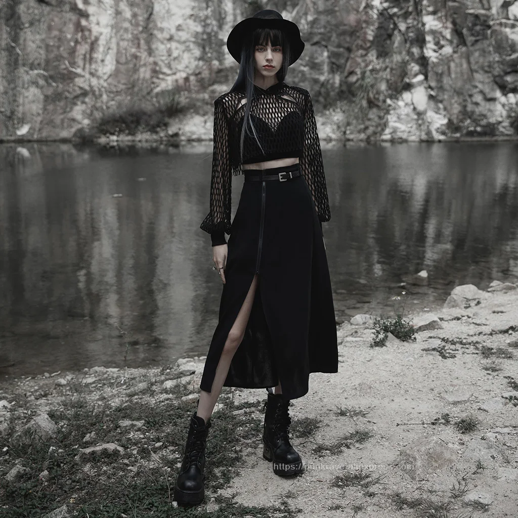 PUNK RAVE Women's Minimalist Thin Two-wear A Pendulum Chiffon Half Skirt Detachable Belt High Waist Long Skirts Women