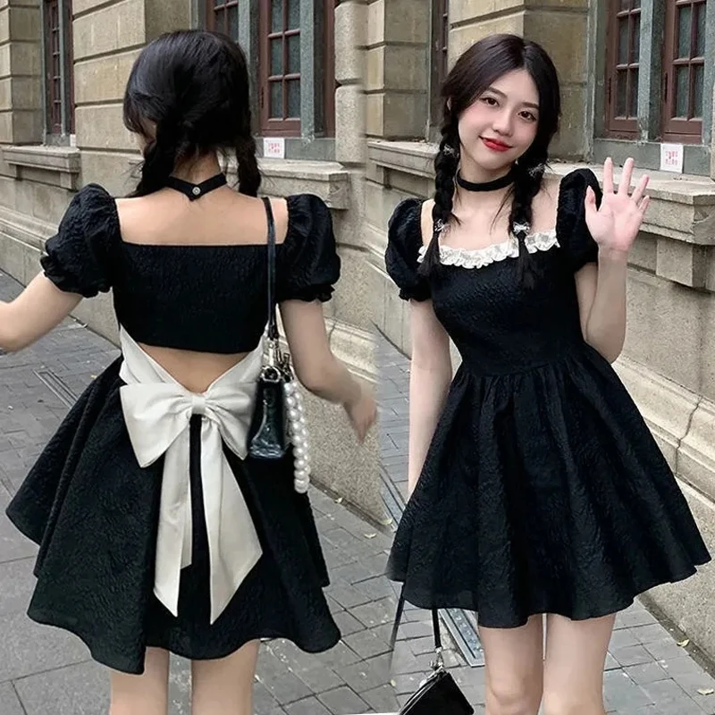Sexy Backless Bow Dresses Women Summer Fashion High Waist Puff Sleeve Vestidos Vintage Lolita Style Square Collar A-line Dress