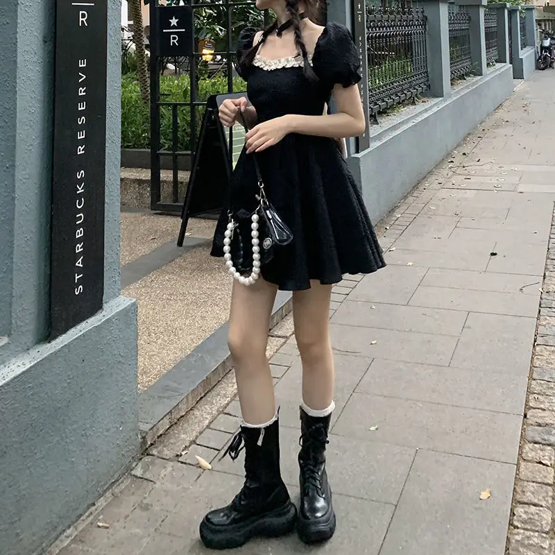 Sexy Backless Bow Dresses Women Summer Fashion High Waist Puff Sleeve Vestidos Vintage Lolita Style Square Collar A-line Dress