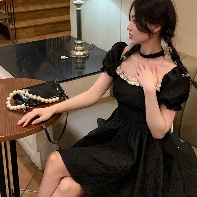 Sexy Backless Bow Dresses Women Summer Fashion High Waist Puff Sleeve Vestidos Vintage Lolita Style Square Collar A-line Dress