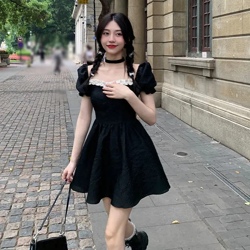 Sexy Backless Bow Dresses Women Summer Fashion High Waist Puff Sleeve Vestidos Vintage Lolita Style Square Collar A-line Dress
