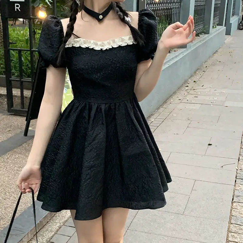 Sexy Backless Bow Dresses Women Summer Fashion High Waist Puff Sleeve Vestidos Vintage Lolita Style Square Collar A-line Dress