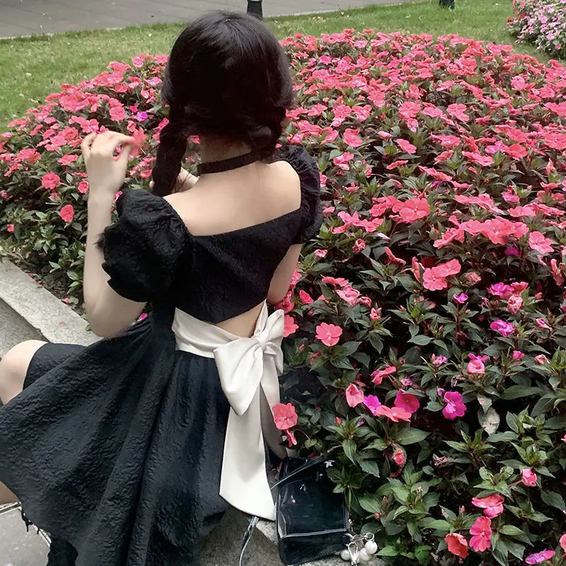 Sexy Backless Bow Dresses Women Summer Fashion High Waist Puff Sleeve Vestidos Vintage Lolita Style Square Collar A-line Dress