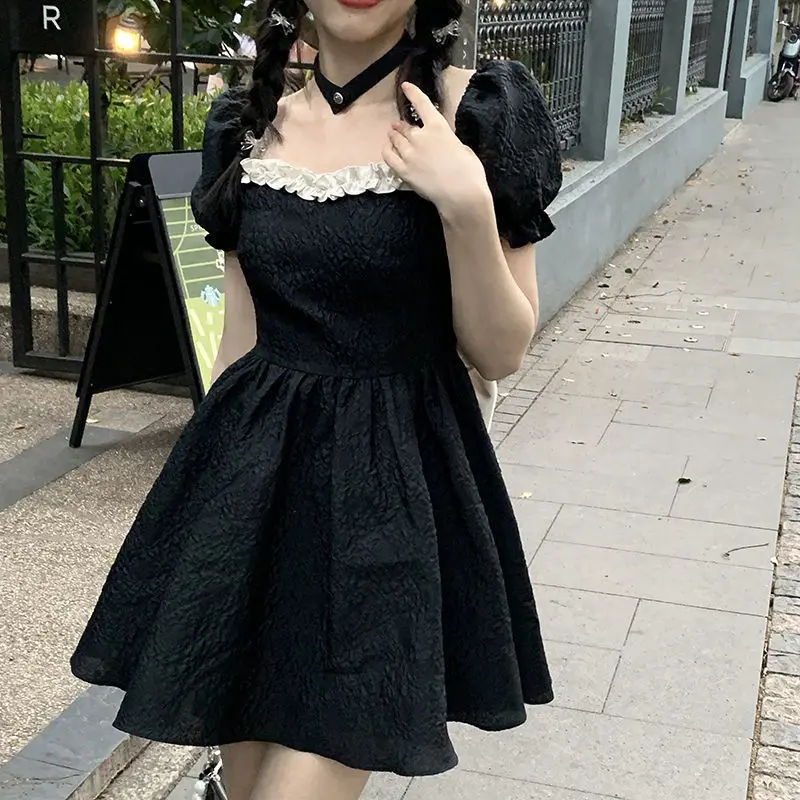 Sexy Backless Bow Dresses Women Summer Fashion High Waist Puff Sleeve Vestidos Vintage Lolita Style Square Collar A-line Dress