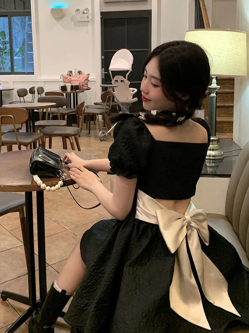 Sexy Backless Bow Dresses Women Summer Fashion High Waist Puff Sleeve Vestidos Vintage Lolita Style Square Collar A-line Dress