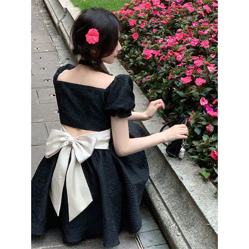 Sexy Backless Bow Dresses Women Summer Fashion High Waist Puff Sleeve Vestidos Vintage Lolita Style Square Collar A-line Dress