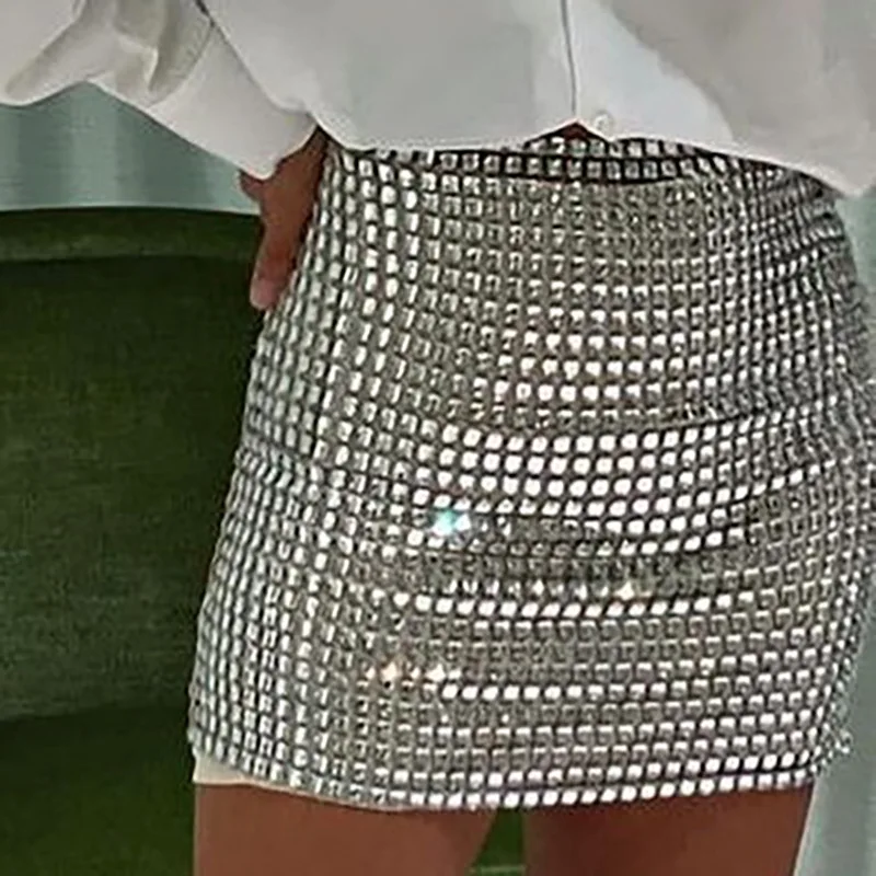 BKLD 2026 Fashion Women Spring New Solid Color Silver Sequin Stitching Casual Mesh Slim Bodycon Mini Skirt Sexy Club Outfits