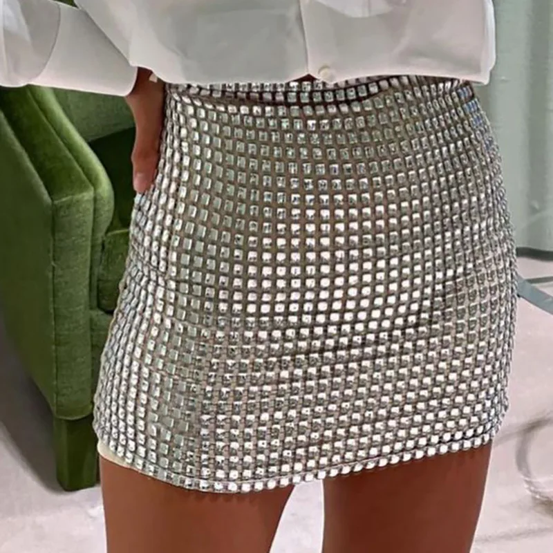 BKLD 2026 Fashion Women Spring New Solid Color Silver Sequin Stitching Casual Mesh Slim Bodycon Mini Skirt Sexy Club Outfits