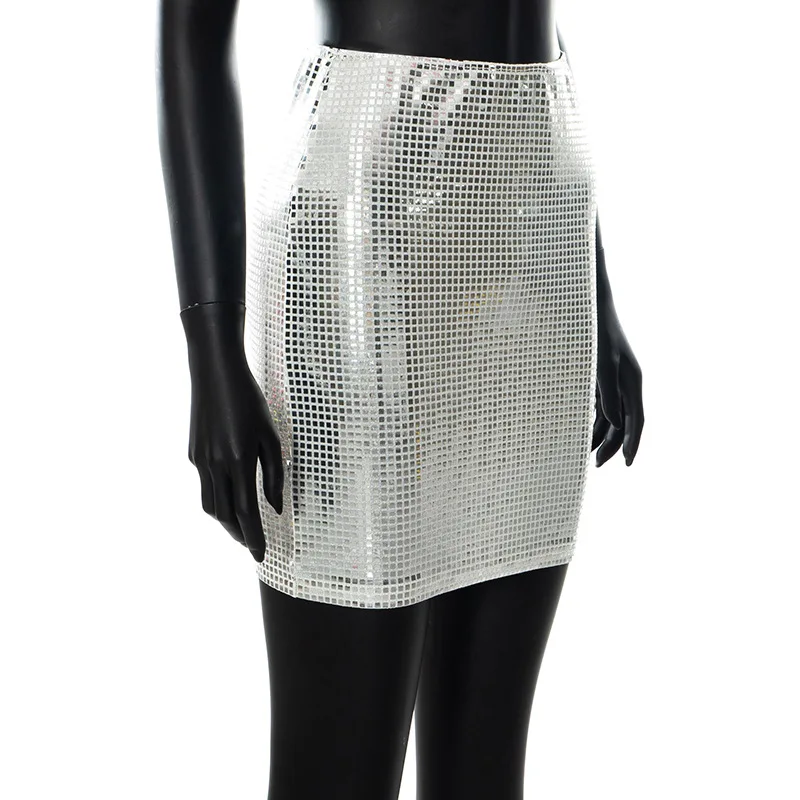 BKLD 2026 Fashion Women Spring New Solid Color Silver Sequin Stitching Casual Mesh Slim Bodycon Mini Skirt Sexy Club Outfits