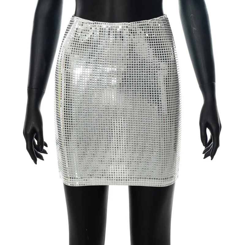 BKLD 2026 Fashion Women Spring New Solid Color Silver Sequin Stitching Casual Mesh Slim Bodycon Mini Skirt Sexy Club Outfits