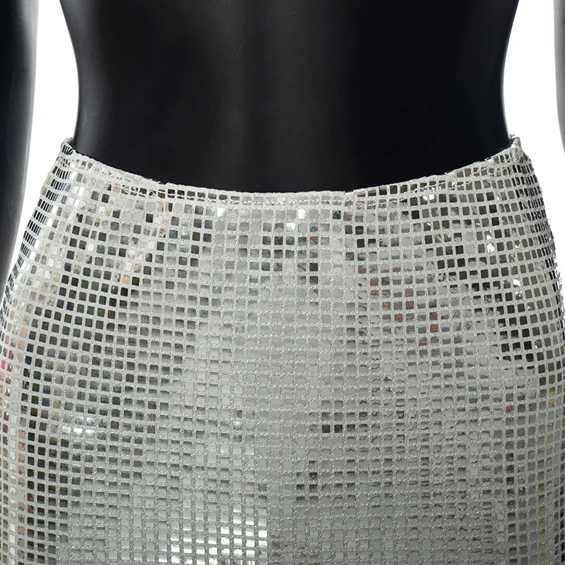 BKLD 2026 Fashion Women Spring New Solid Color Silver Sequin Stitching Casual Mesh Slim Bodycon Mini Skirt Sexy Club Outfits
