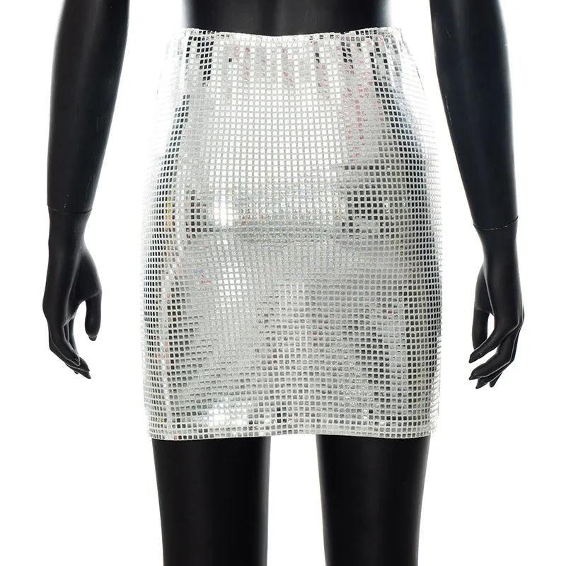 BKLD 2026 Fashion Women Spring New Solid Color Silver Sequin Stitching Casual Mesh Slim Bodycon Mini Skirt Sexy Club Outfits
