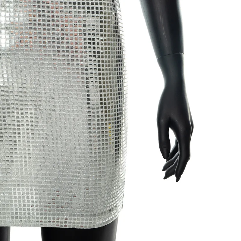 BKLD 2026 Fashion Women Spring New Solid Color Silver Sequin Stitching Casual Mesh Slim Bodycon Mini Skirt Sexy Club Outfits