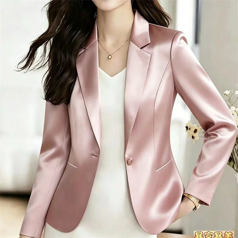 Acetic Acid Elastic Satin Slim Waist Versatile Women's Suit Autumn Jacket Slim Fit Three Long Sleeve Professional Blazer Coat