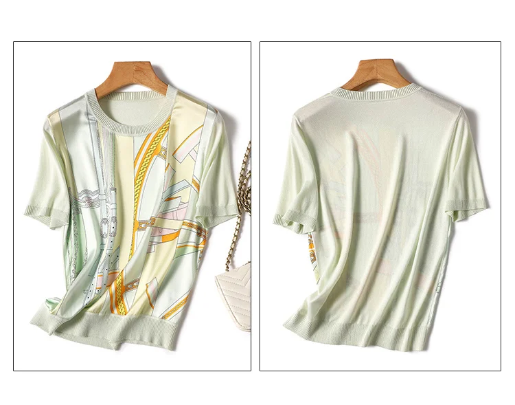 Vintage Print Patchwork Knitted T-Shirt Women Fashion Short Sleeve Camisetas Loose Graphic O-Neck High Quality Female Top Summer