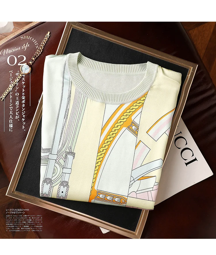 Vintage Print Patchwork Knitted T-Shirt Women Fashion Short Sleeve Camisetas Loose Graphic O-Neck High Quality Female Top Summer