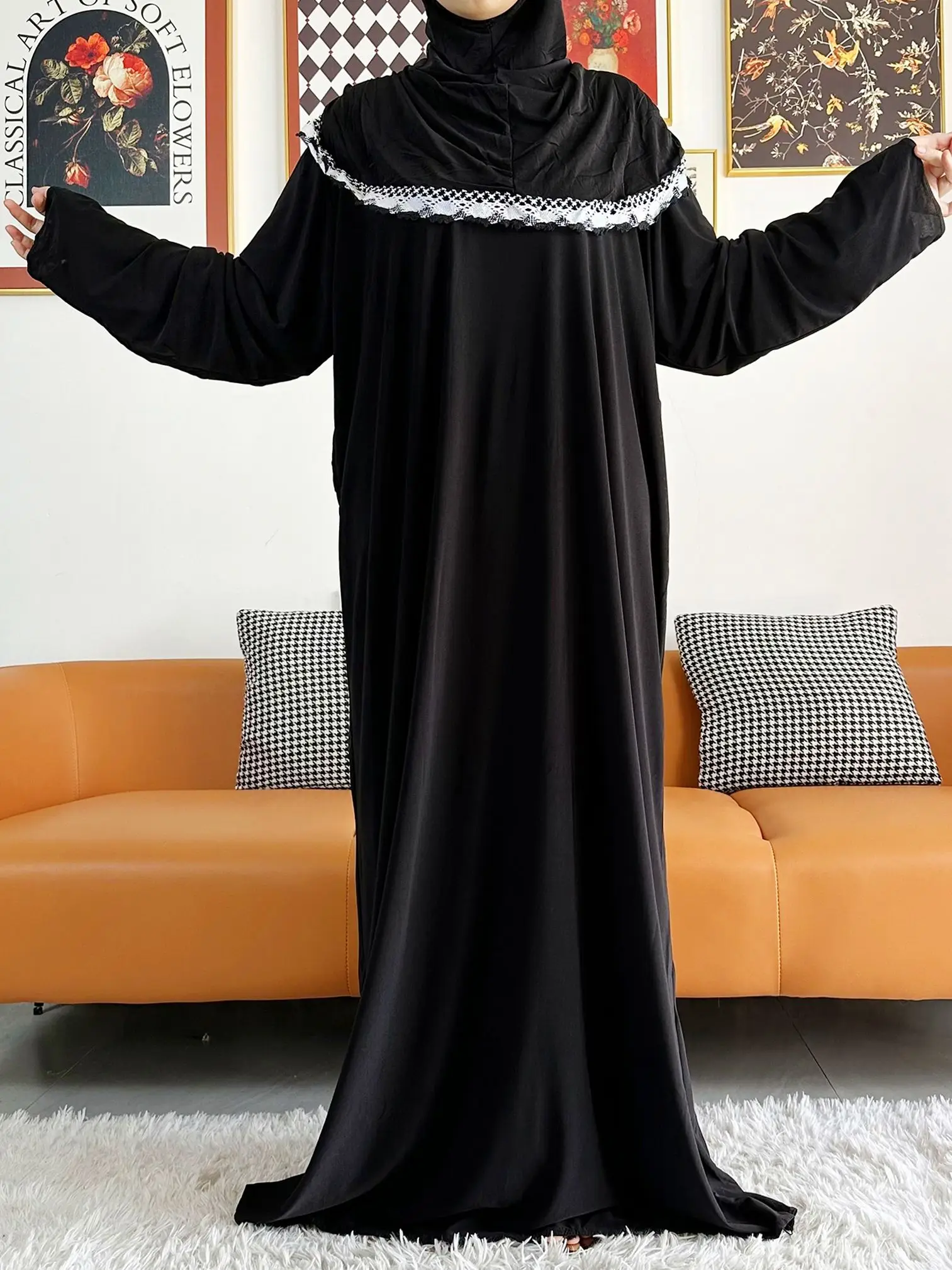 2023 Muslim Solid Cotton Abaya For Women Ramadan Prayer Garment Joint Hat Dubai Turkey Middle East Femme Robe Floral Loose Dress