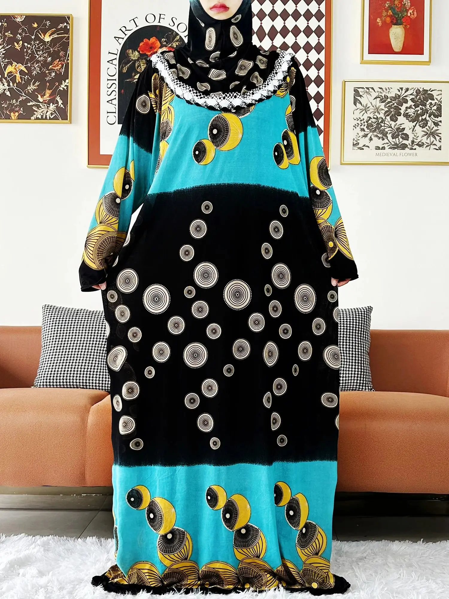 2023 Muslim Solid Cotton Abaya For Women Ramadan Prayer Garment Joint Hat Dubai Turkey Middle East Femme Robe Floral Loose Dress