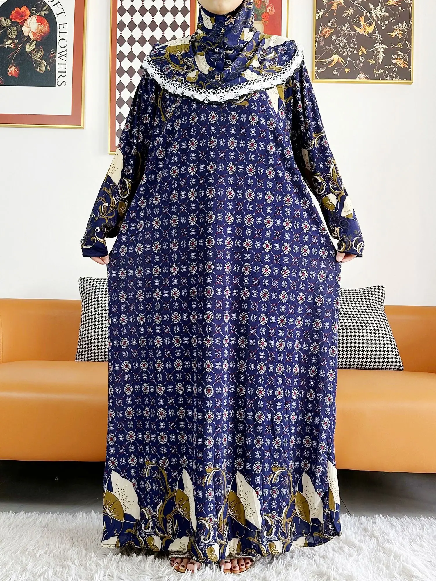 2023 Muslim Solid Cotton Abaya For Women Ramadan Prayer Garment Joint Hat Dubai Turkey Middle East Femme Robe Floral Loose Dress