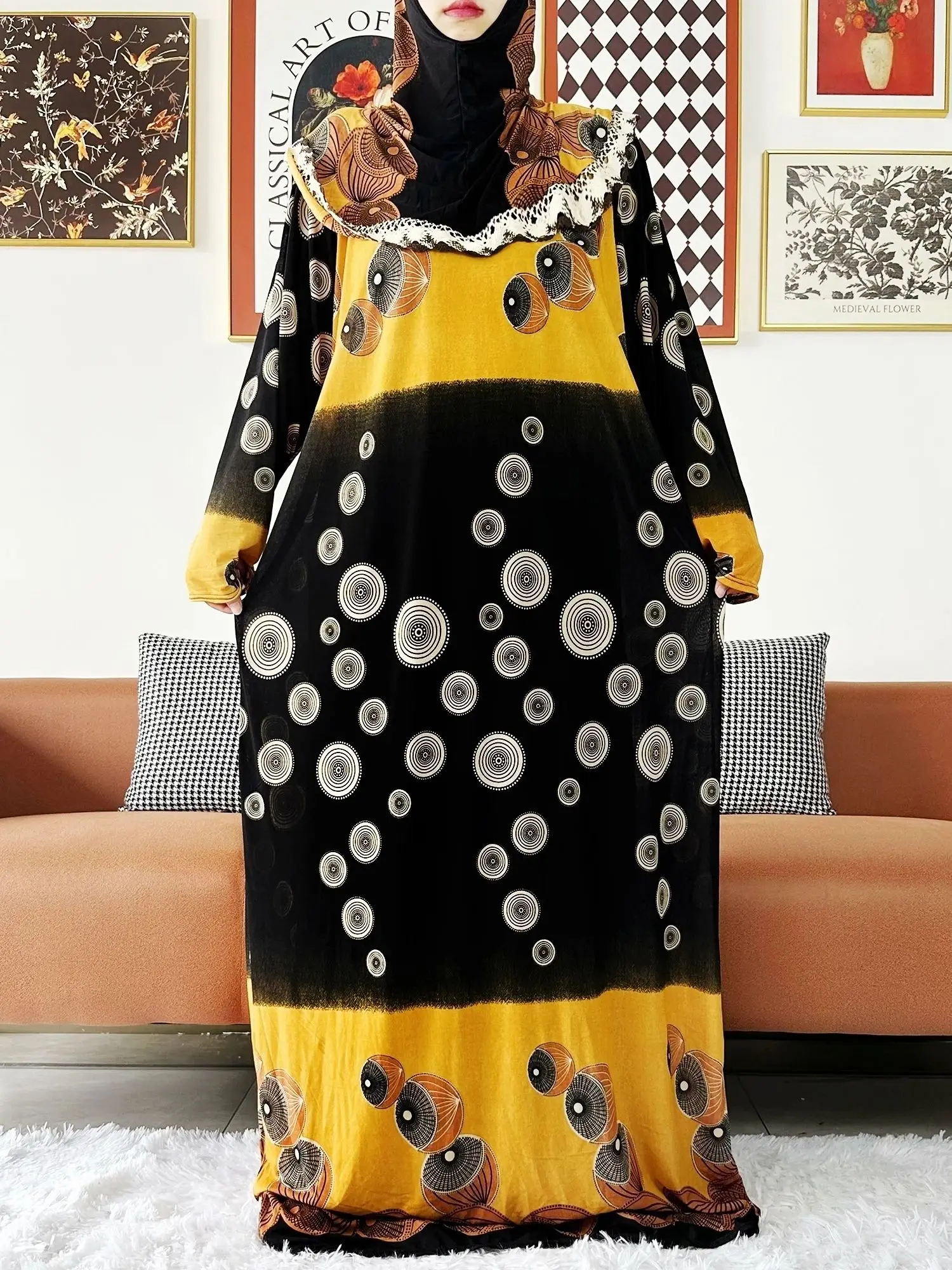 2023 Muslim Solid Cotton Abaya For Women Ramadan Prayer Garment Joint Hat Dubai Turkey Middle East Femme Robe Floral Loose Dress