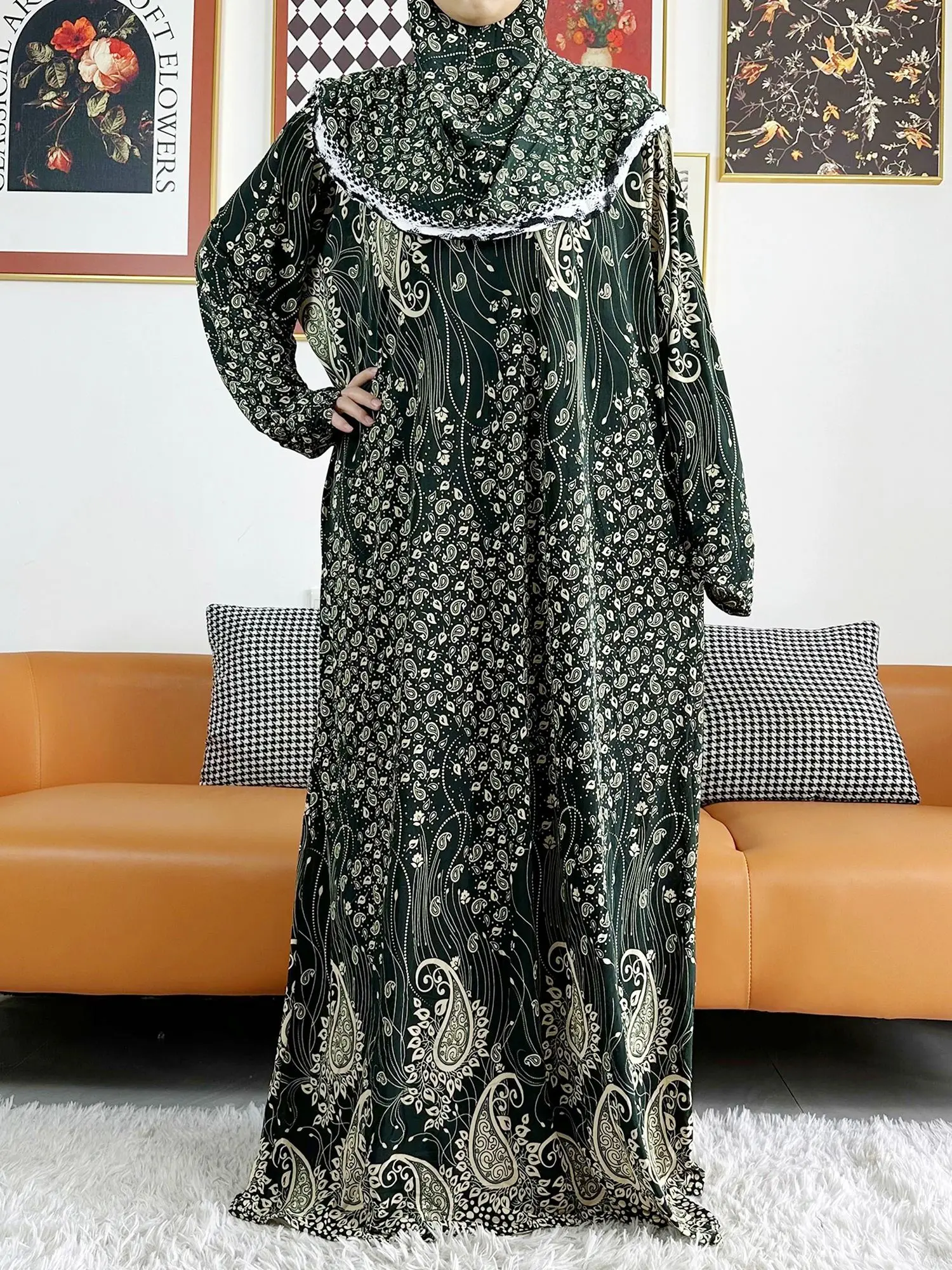 2023 Muslim Solid Cotton Abaya For Women Ramadan Prayer Garment Joint Hat Dubai Turkey Middle East Femme Robe Floral Loose Dress