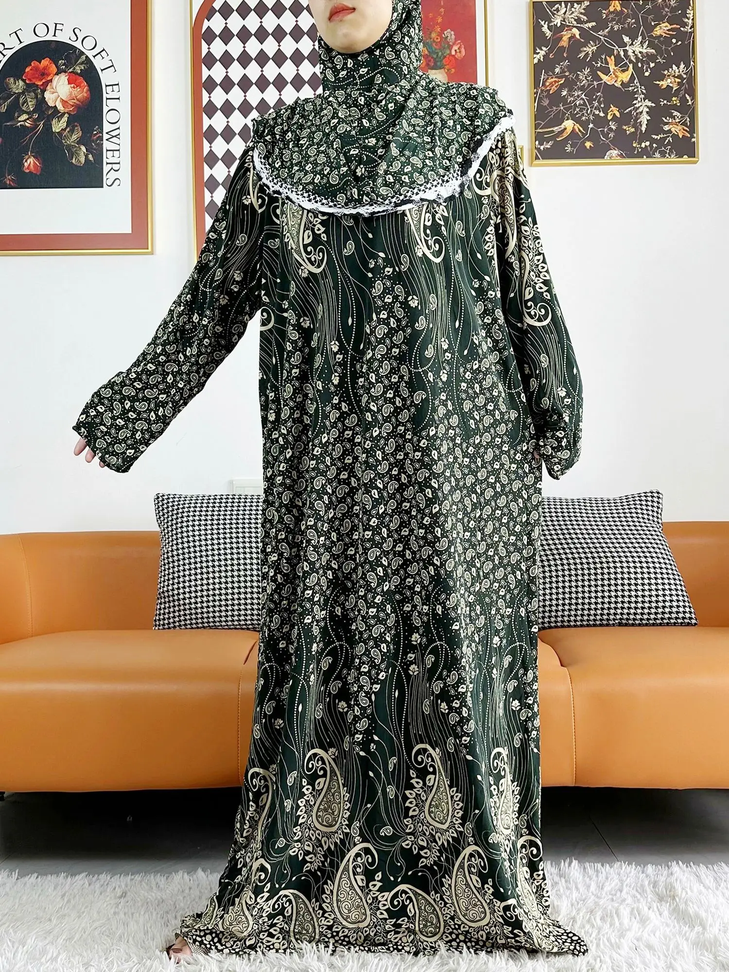 2023 Muslim Solid Cotton Abaya For Women Ramadan Prayer Garment Joint Hat Dubai Turkey Middle East Femme Robe Floral Loose Dress