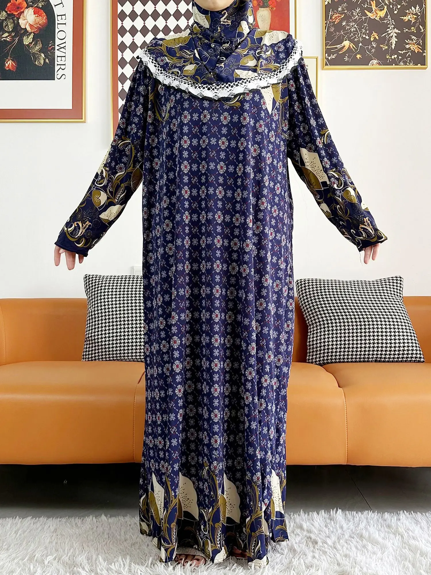 2023 Muslim Solid Cotton Abaya For Women Ramadan Prayer Garment Joint Hat Dubai Turkey Middle East Femme Robe Floral Loose Dress