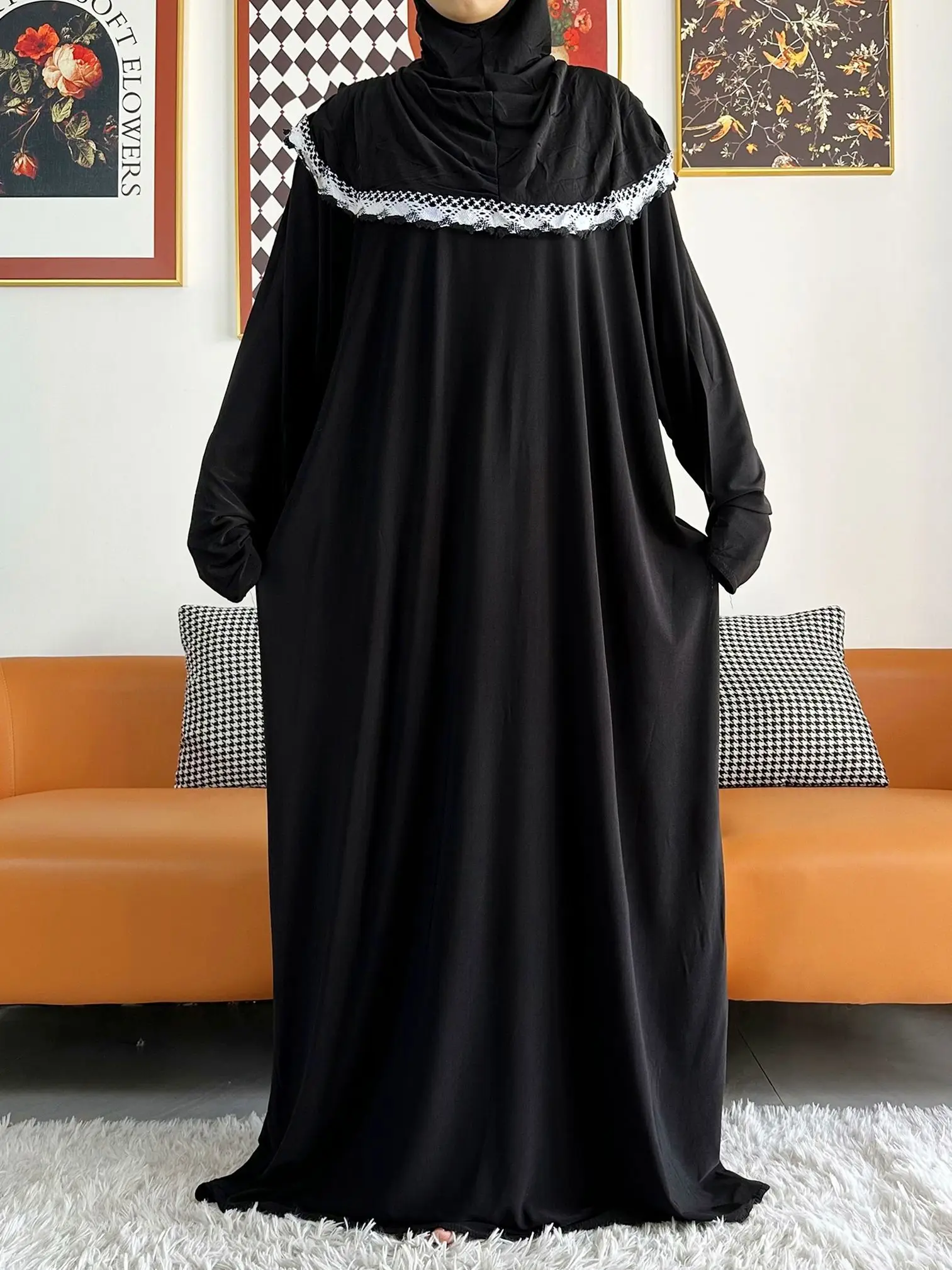 2023 Muslim Solid Cotton Abaya For Women Ramadan Prayer Garment Joint Hat Dubai Turkey Middle East Femme Robe Floral Loose Dress