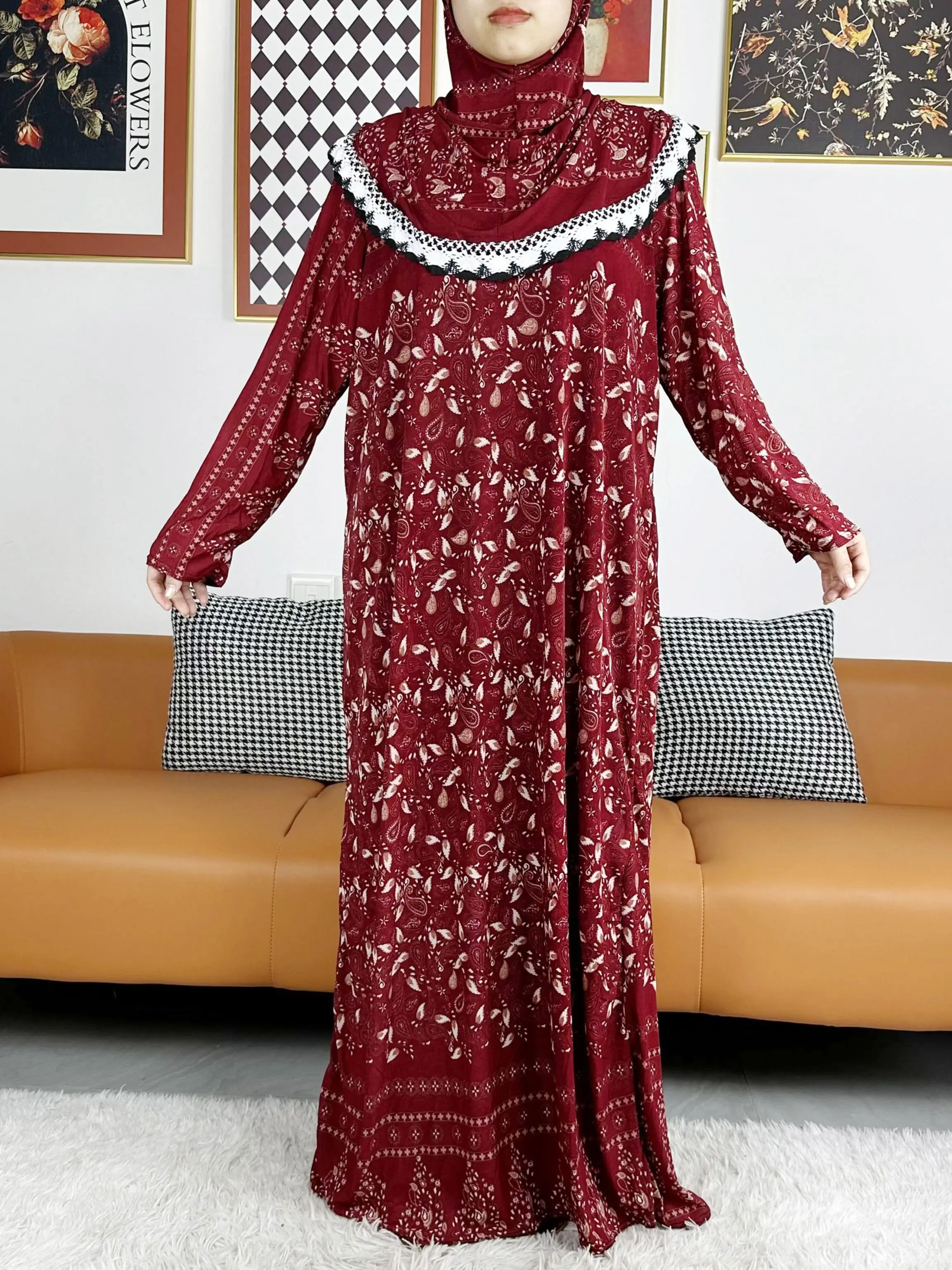 2023 Muslim Solid Cotton Abaya For Women Ramadan Prayer Garment Joint Hat Dubai Turkey Middle East Femme Robe Floral Loose Dress
